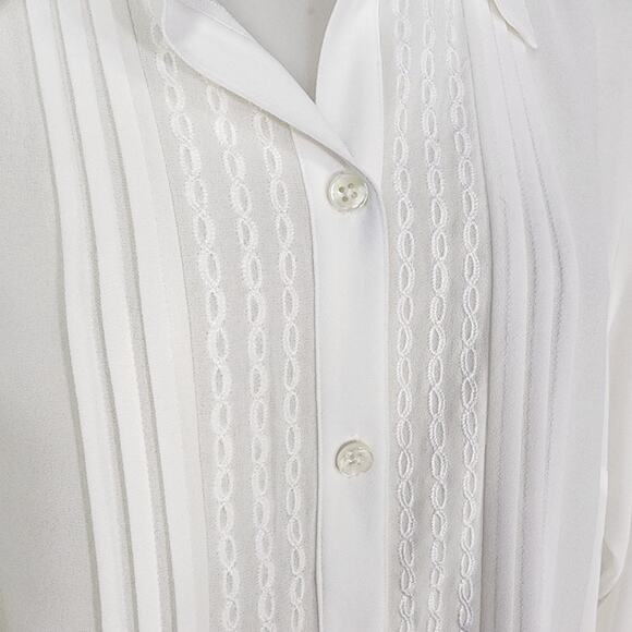 Cabi Blouse Women's Medium Ivory Button Sheer Office Classic Embroidery Pleated - Picture 4 of 10